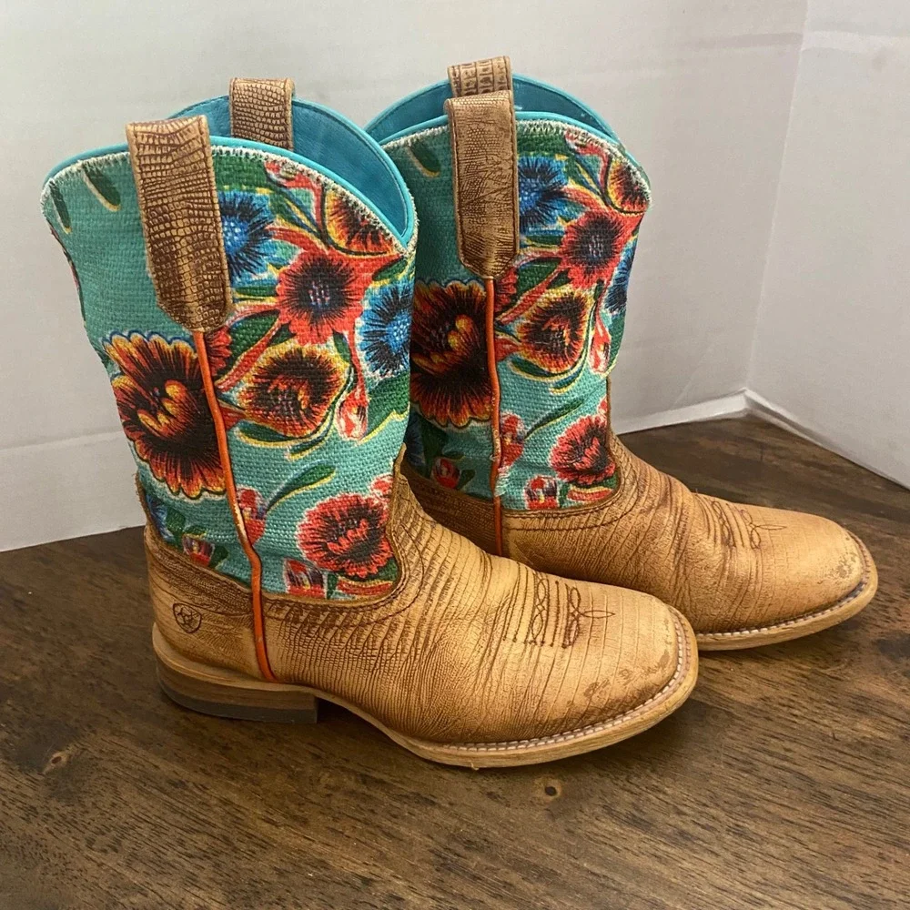 Ariat Kids Floral Western Boots Tan Leather Square Toe 10023078 Size 12.5